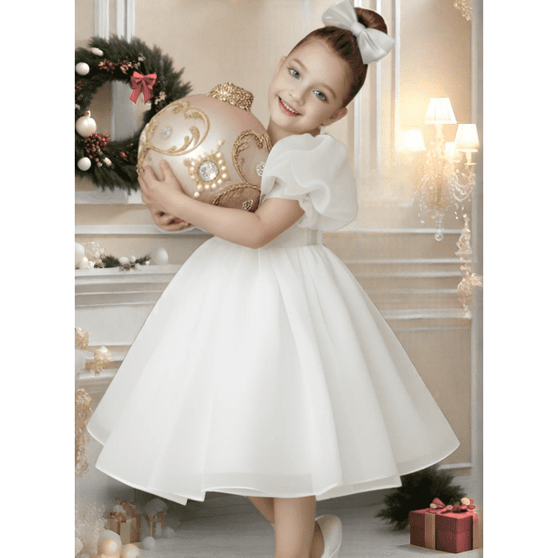 Flower Girl Dress Organza Toddler Dresses Puff Sleeve & Bow Bcak Girls Princess Dress for Wedding Birthday -Ivory-2Y