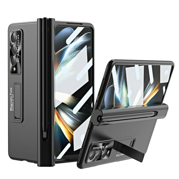 for Samsung Galaxy Z Fold 3 Magnetic Hinge Protection Case with S Pen Holder, Built-in Glass with Magnetic Stand All-Inclusive Fashion Business Matte Cover for Samsung Galaxy Z Fold 3 5G, Black