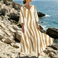 thumbnail image 2 of Rutainlusire Women's Summer Dresses Women's V-Neck Striped Print 3/4 Sleeve Maxi Dress Bohemian Flowy Casual Yellow XXXL, 2 of 6