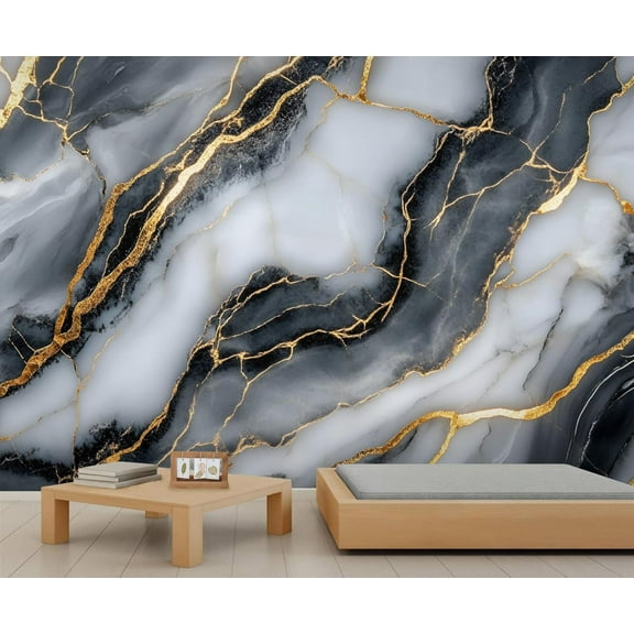 Black Marble Texture 3D Wall Murals Wallpaper, Abstract Golden Cracks Wall Poster Murals, Wall Painting Art Wallpaper For Living Room And Bedroom Home Decor 59"W x 39.4"H (Not Peel and Stick)