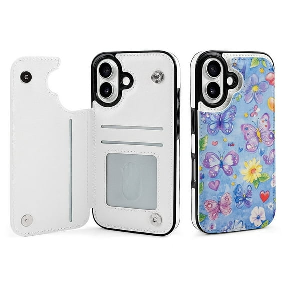 Compatible with iPhone 11 12 13 mini 14 15 16 Pro Max Plus Wallet Case with Card Holder, PU Leather Kickstand Card Slots Case ( Sky Blue Butterfly Floral, iPhone 16)