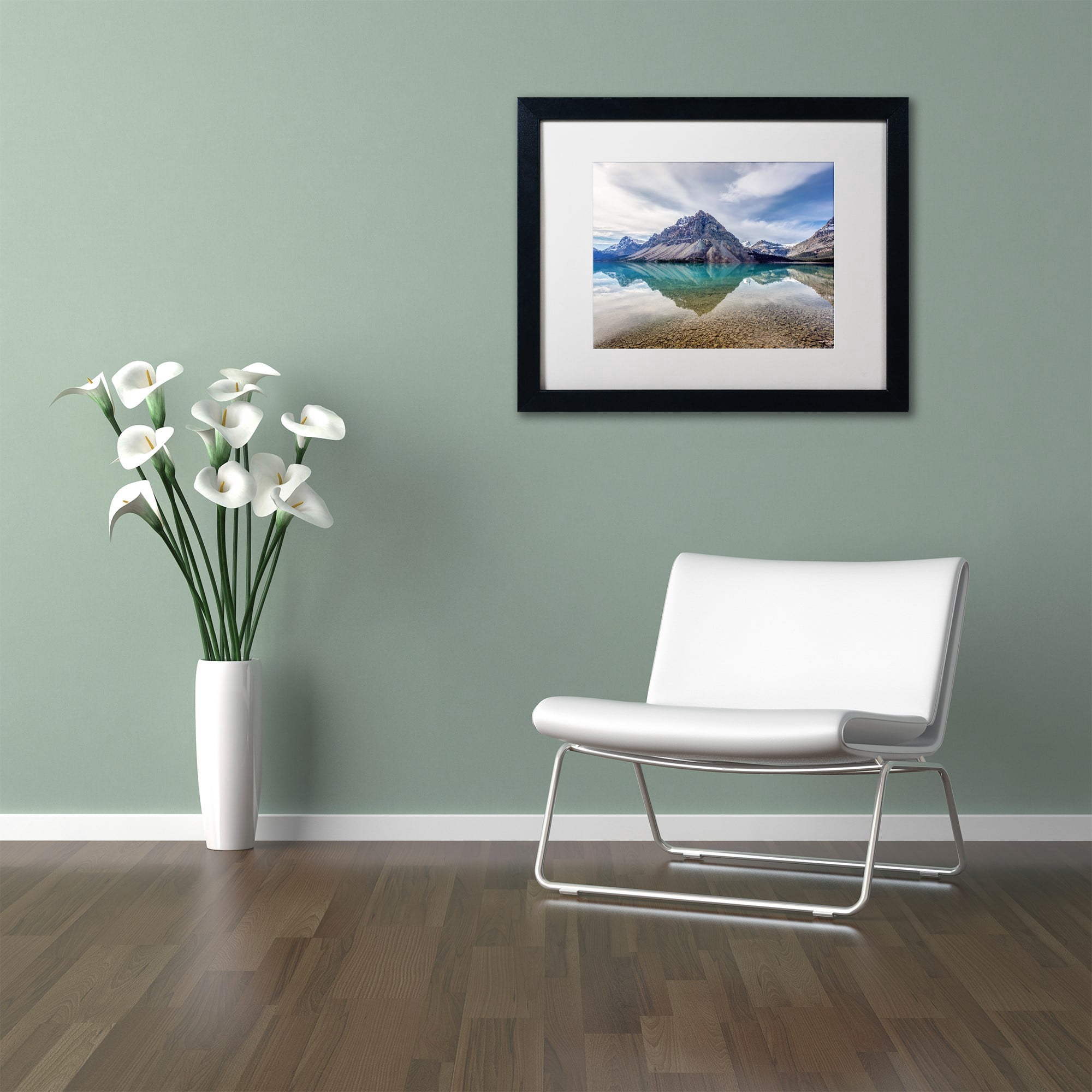 Trademark Fine Art 'Bow Lake Blue' Canvas Art by Pierre Leclerc, White Matte, Black Frame