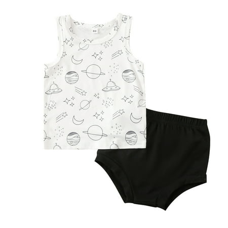 

HIBRO Toddler Boys Summer Sleeveless Cartoon Star Moon Prints Vest Tops Shorts 2pcs Suit Outfits Outwear Clothes Twin Boys Baby Boy Fall Romper