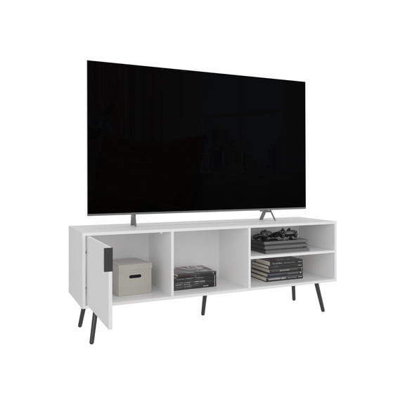 Xukmct Wood TV Cabinet for TVs up to 63", Entertainment Center with 1 Door and 3 Open Shelvs, TV Stand for Living Room, White