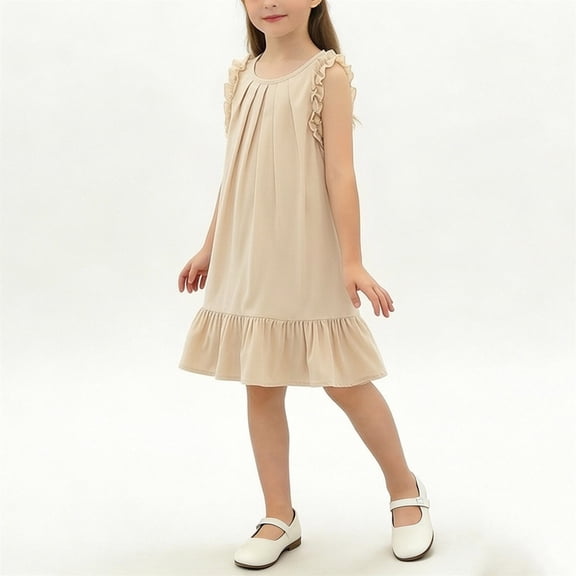 DAETIROS Girls Summer Dress Sleeveless A-Line Ruffle Hem Soft Stretchy Fabric Casual Party for Kids Little Girls Beige,Size 18-24 Mohths