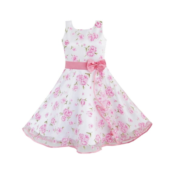 3 Layers Girls Dress Pink Flower Wave Pageant Wedding Kids Clothing 4-5