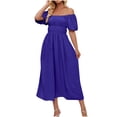 thumbnail image 1 of QIPOPIQ Robe Midi d'Été Décontractée pour Femme à Col en V, Manches Bouffantes, Épaules Dénudées, Taille Haute Smockée, Liquidation, 1 of 9