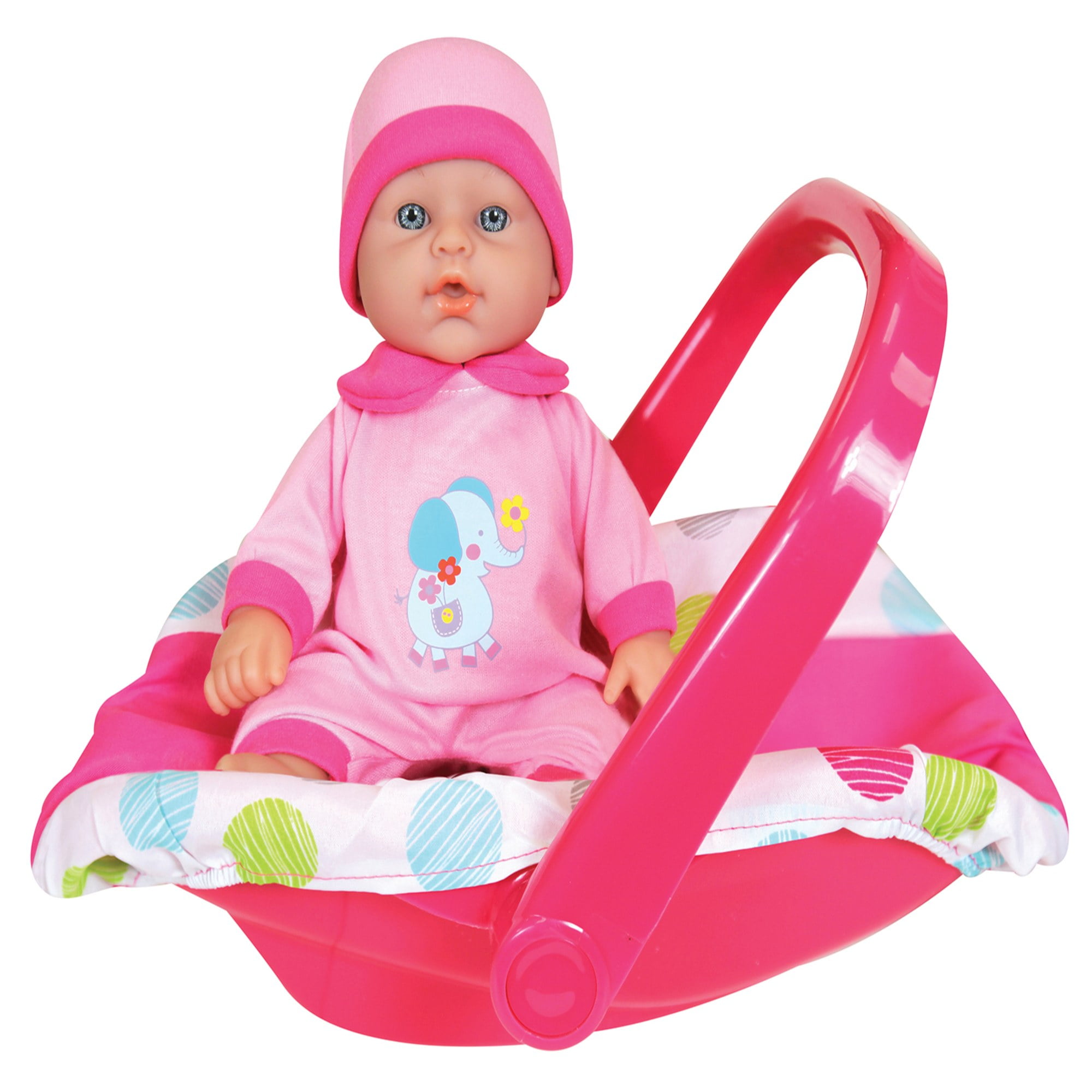 Lissi: 12" Baby Doll & Push-Carry Travel Set - Pink Elephant Onesie, Car Seat, Folding Umbrella Stroller, Feeding Bottle, Roleplay Toy, Kids 3+
