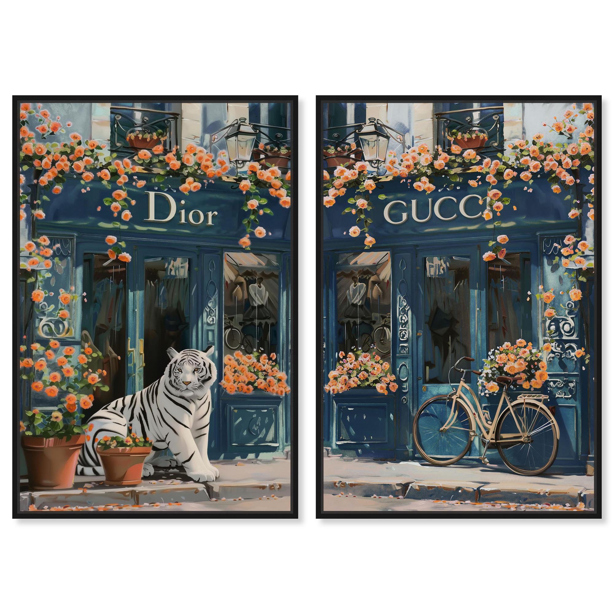 Beautiful Days Storefront 2 Panel Set Canvas Print Lion Tiger Art Print by Art Remedy, Black Frame, 10 x 15