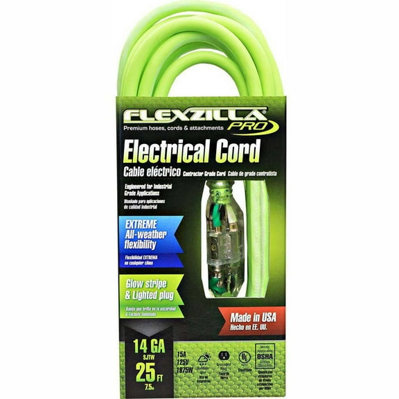 Flexzilla Pro Extension Cord, 14/3 AWG SJTW, 25 ft., Lighted Plug, Indoor/Outdoor, ZillaGreen - FZ512725