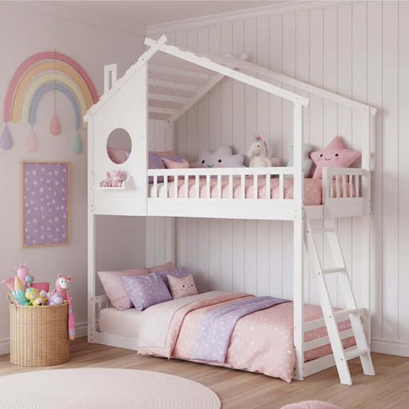 EDX Twin over Twin Wood Bunk Bed with Ladder , Low Loft Bunk Bed with Roof & Guardrails ,Easy Assembly, White
