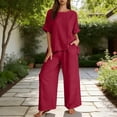 thumbnail image 2 of Zynoxe Cotton Linen Sets for Women Two Piece Round Neck Tops and Wide Leg Pants Summer Matching Sets with PocketsRedXL, 2 of 7