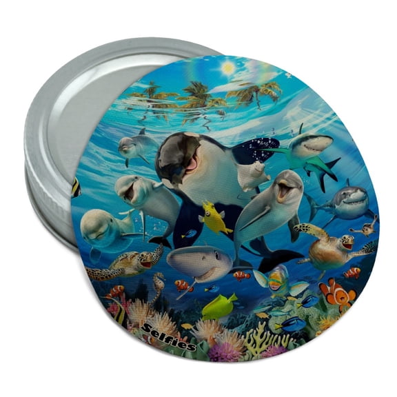 Underwater Ocean Selfie Orca Shark Dolphin Sea Turtle Coral Round Rubber Non-Slip Jar Gripper Lid Opener