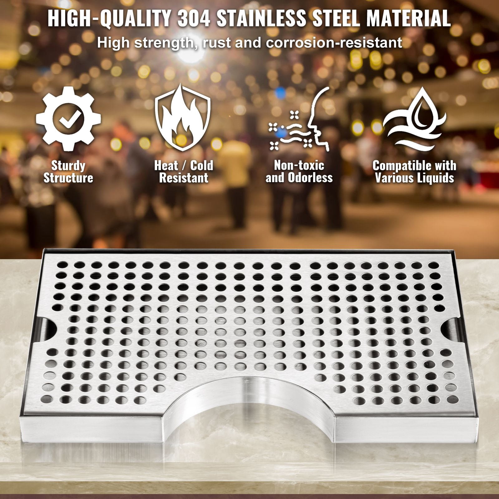 Kegerator Beer Drip Tray, 11.81x7.09 Inch Food-Grade 304 Stainless Steel, Detachable Cover, Uniform Mesh for Rapid Draining, Anti-Slip Rubber Pads for Bar Counter