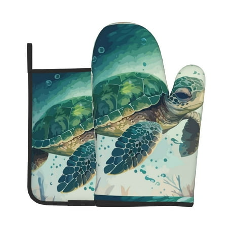 

Jgfou Watercolor Turtle1 Pattern Oven Mitts and Pot Holders Sets Heat Resistant Oven Mittens Soft Lining Extra Thicken Long Kitchen Cotton Oven Glove for Cooking