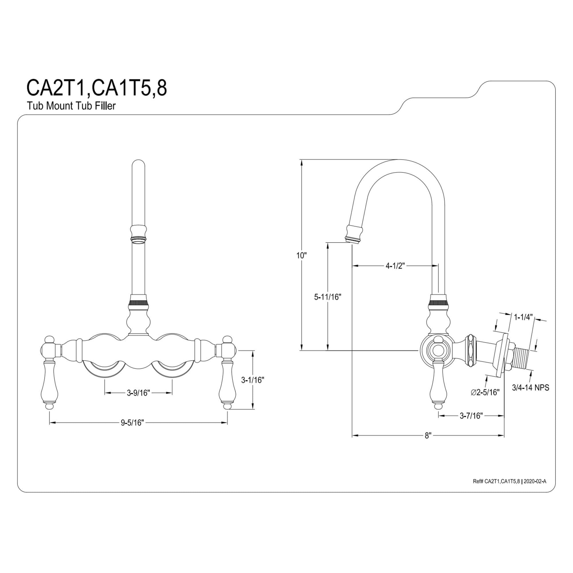 Kingston Brass CA1T8 Vintage 3-3/8" Tub Wall Mount Clawfoot Tub Faucet, Brushed Nickel