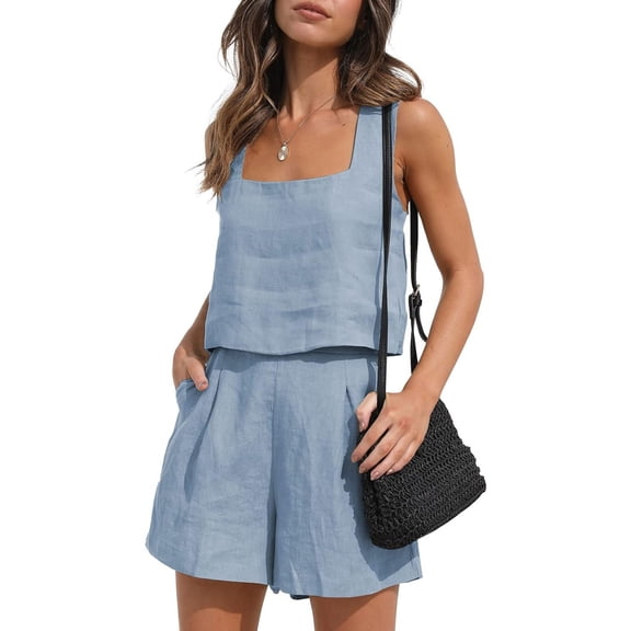 Womens Summer 2 Piece Outfits Vacation Casual Trendy Shorts Matching Sets Sleeveless Casual Linen Outfits 2024