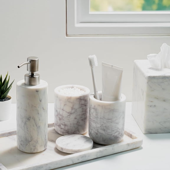 3-Piece White Marble Bathroom Accessory Set - Soap Dispenser, Toothbrush Holder & Qtip Canister with Lid