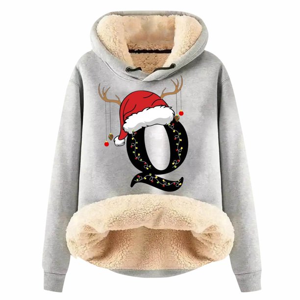 WILLBEST Sudadera con Capucha para Mujer, con Estampado de Letras Navideñas Sudadera Gruesa de Lana, Cálida para El Invierno Tops de Moda XXXXX-Grande