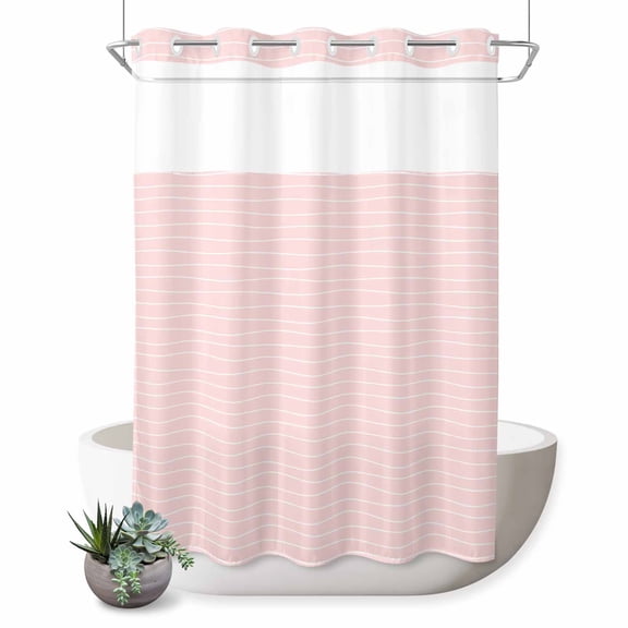 Modern Pink Wavy Stripe No Hook Shower Curtain Abstract Trend Rippling Water Lines Shower Curtain with See Through Top Window, Waterproof Washable Fabric Curtain for Bathroom Hotel Decor, 72Wx96L