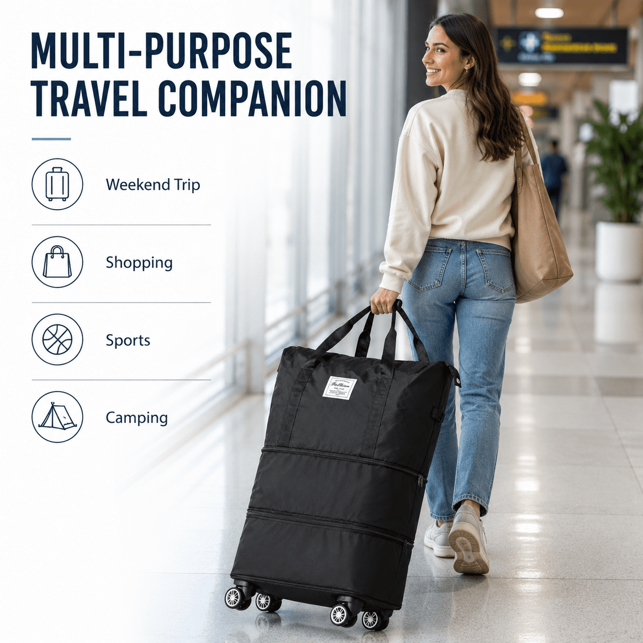 Wheeled Rolling Duffle Bag, Expandable Travel Companion for Weekend Trip and Carry-on Luggage