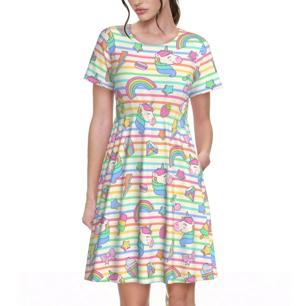 Easygdp Cute Unicorn para Vestido Transpirable de Mujer, Vestido Suelto de Manga Corta con Pliegues y Bolsillos para el Verano