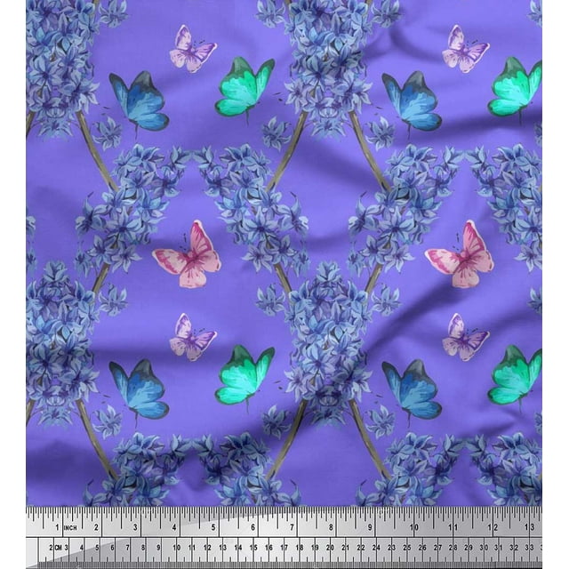Soimoi Rayon Crepe Fabric Butterfly & Wildflower Floral Printed Fabric 1 Yard 46 Inch Wide