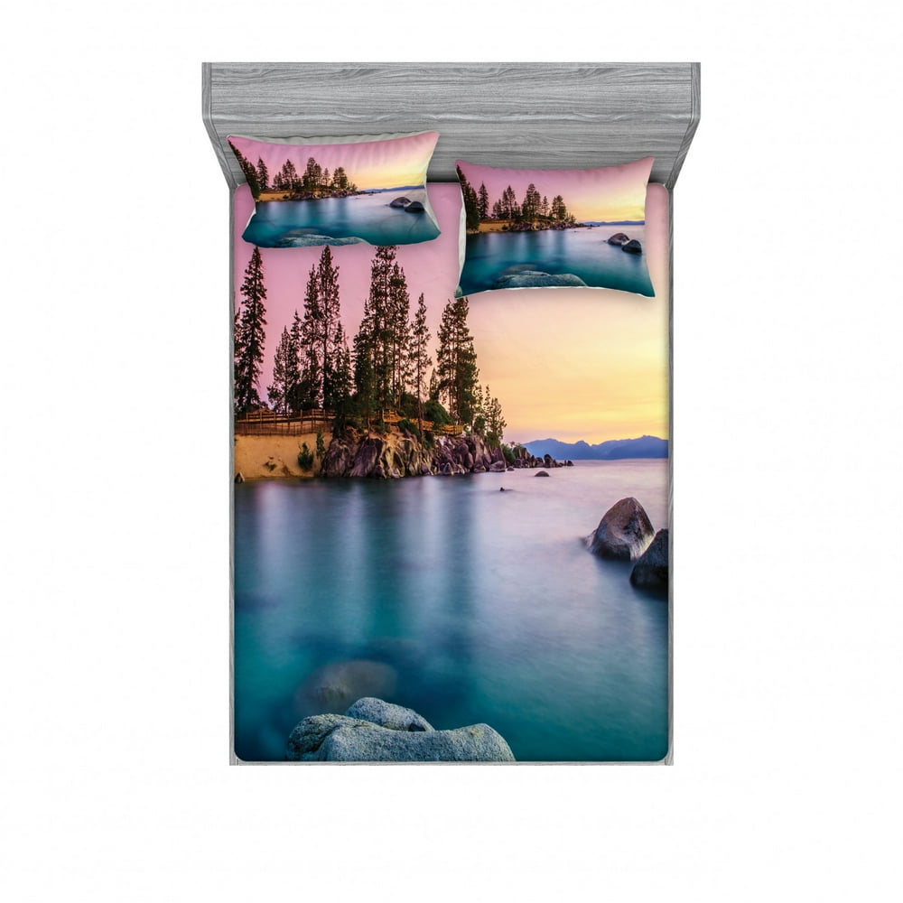 Lake Bedding Set with Sheet & Covers, Trees on the Alley and Stones in