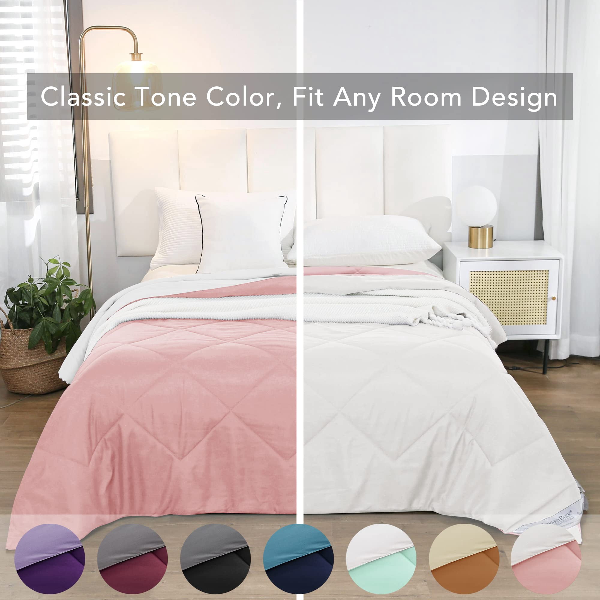 Seward Park Reversible Comforter Lightweight Microfiber Fill Cooling Summer Twin XL Size College Dorm Pink/White