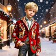 thumbnail image 1 of Boys Christmas Print Corduroy Blazer, All Over Christmas Pattern Lapel Suit Jacket with Buttons, Regular Fit Sports Coat for Parties, Prom, and Dinner Events Red, 1 of 4
