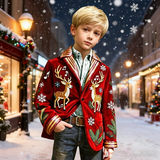 Boys Christmas Print Corduroy Blazer, All Over Christmas Pattern Lapel Suit Jacket with Buttons, Regular Fit Sports Coat for Parties, Prom, and Dinner Events Red