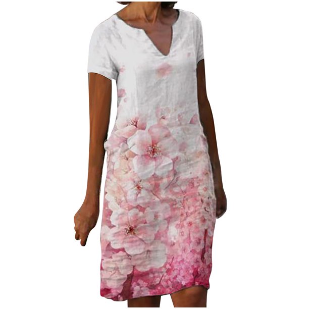Vestidos Para Mujer Vestidos Casuales Mangas Cortas Flores de Moda Vestido de Cintura Estampado Vestido Con Cuello en V Vestido Hasta La Rodilla Odeerbi ODB154205