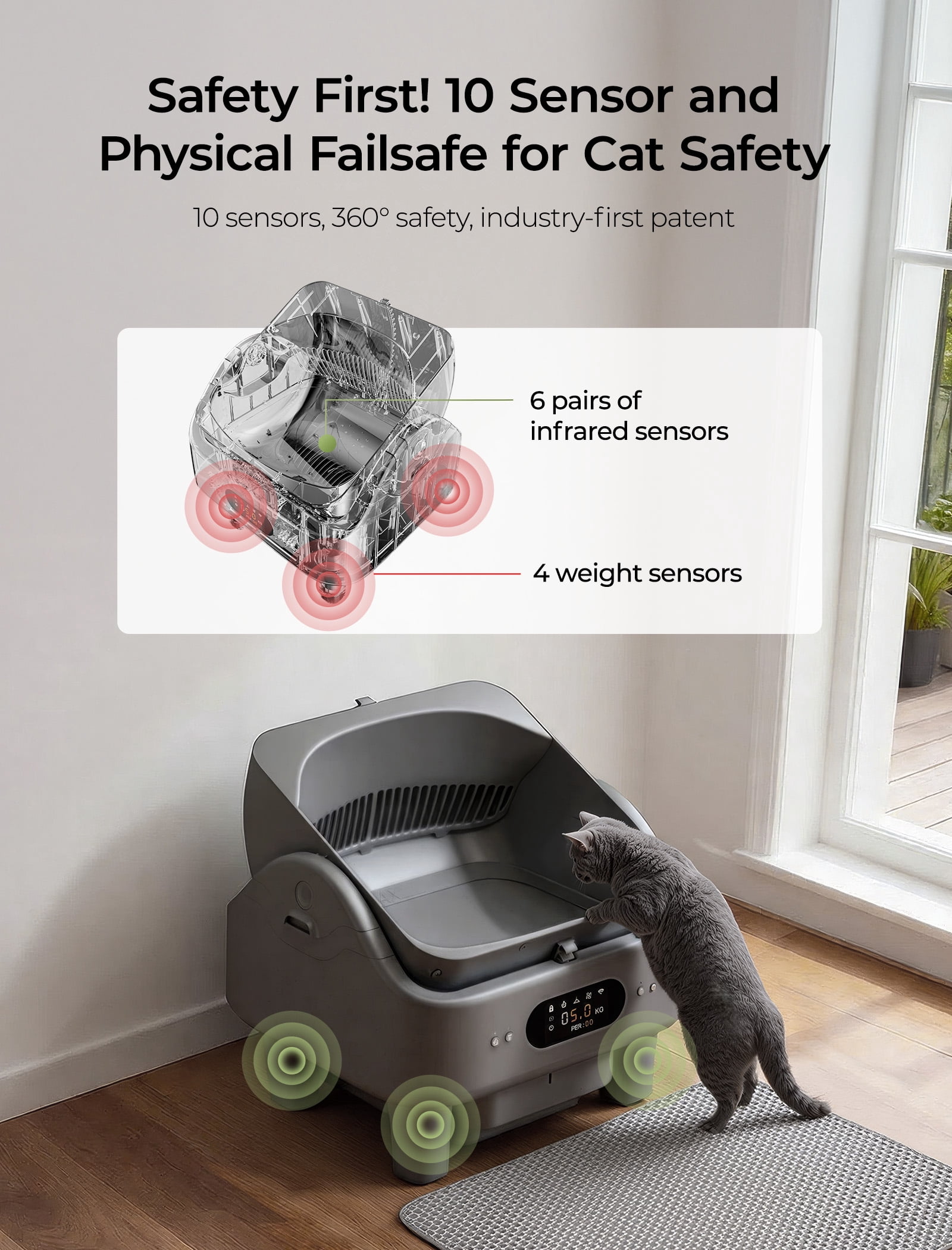Self Cleaning Cat Litter Box, Cypcat Smart Automatic Litter Box Anti-Pinch, 10 Safety Sensors, 72L Large Cat Litter Boxs for Multiple Cats, 5G & 2.4G WiFi, 6" LED Display, Odor Control Robot, Grey
