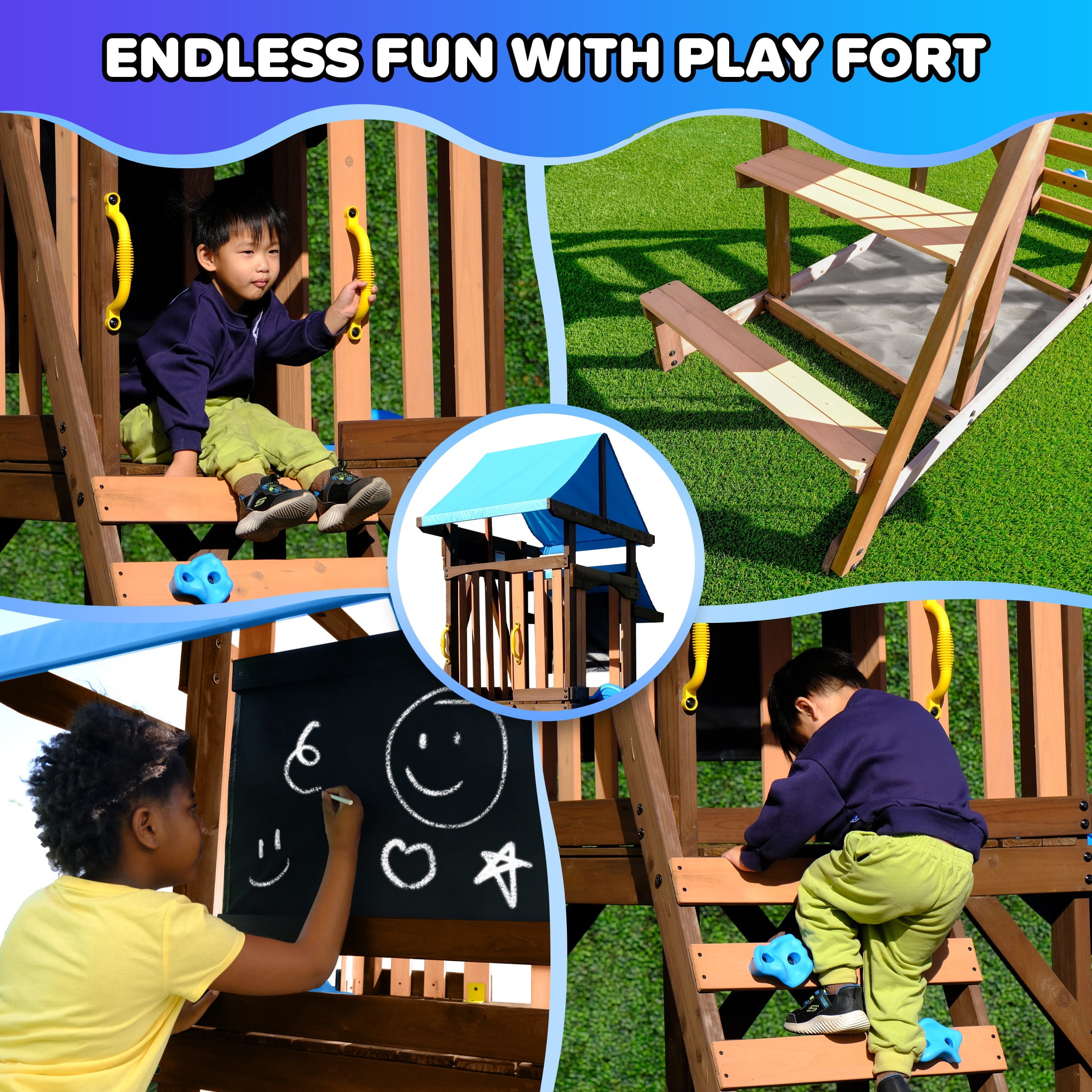 Sportspower Rosemont Wooden Swing Set with 2 Belt Swings, Trapeze, Play Fort with Rock Climber, Bench with Table, Sandbox, Lifetime Warranty on 8ft Slide, & Bonus Anchor Kit