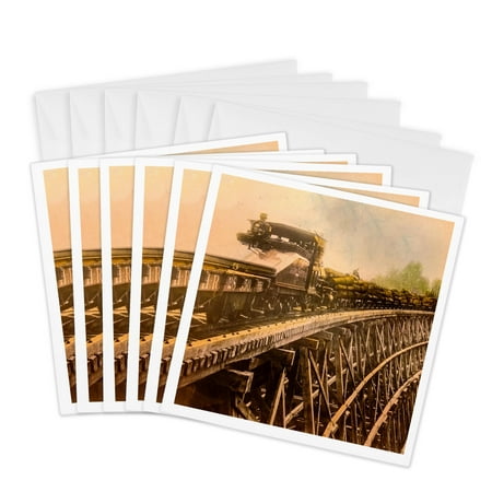 3dRose, Magic Lantern Vintage Steam Locomotive Logging Train Wooden Bridge, 6 Greeting Cards with envelopes