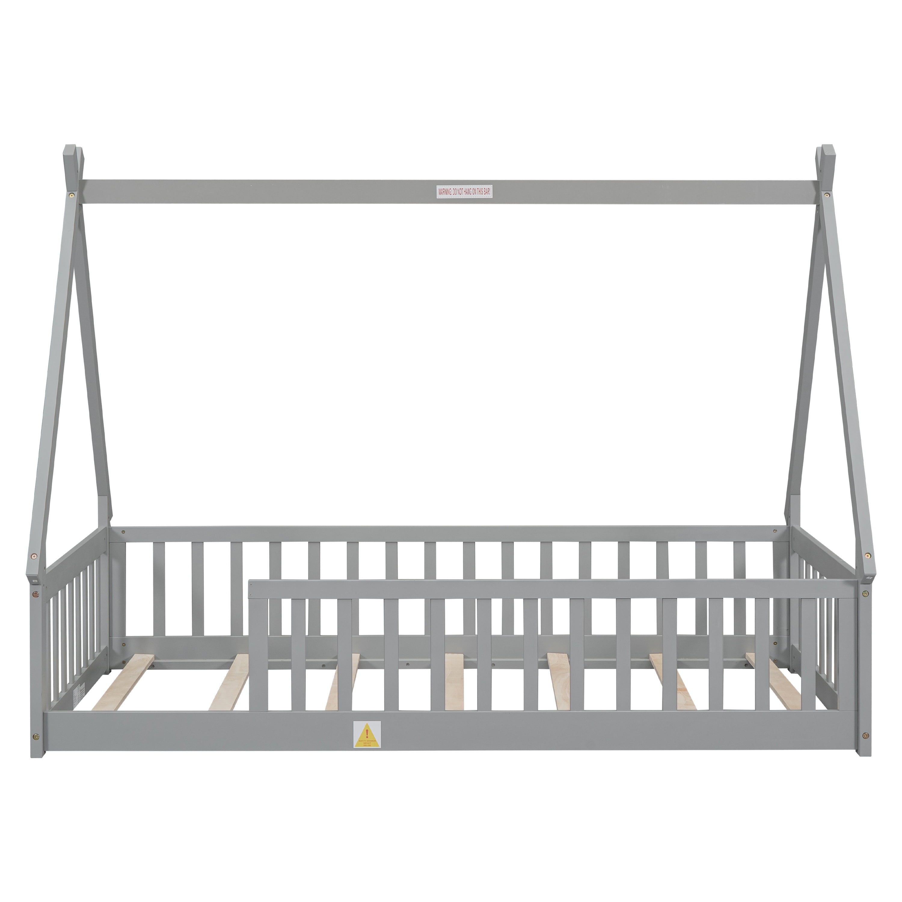 Twin Size House Floor Bed, Wood Montessori Bed Frame with Fence Guardrails, House Beds Frame No Box Spring Needed（Twin,Gray)