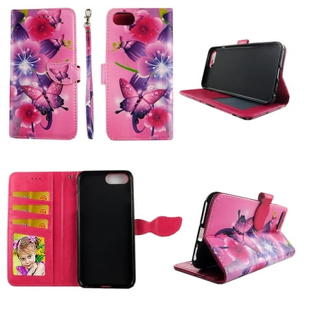 Butterfly Flower Pink Wallet Case for iPhone 6 Plus / 6s Plus  / 7 Plus / 8 Plus Folio Standing Cover Card Slot Money Pocket Magnetic Closure Fashion Flip Pu