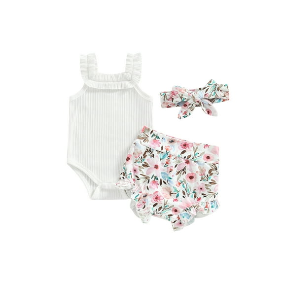 Wassery Baby Infant Girls Summer Outfits Solid Color Sleeveless Hanging Neck Tank Romper Set with Flower/Rainbow/Butterfly Print Elastic Shorts and Headband 3Pcs 0-18M