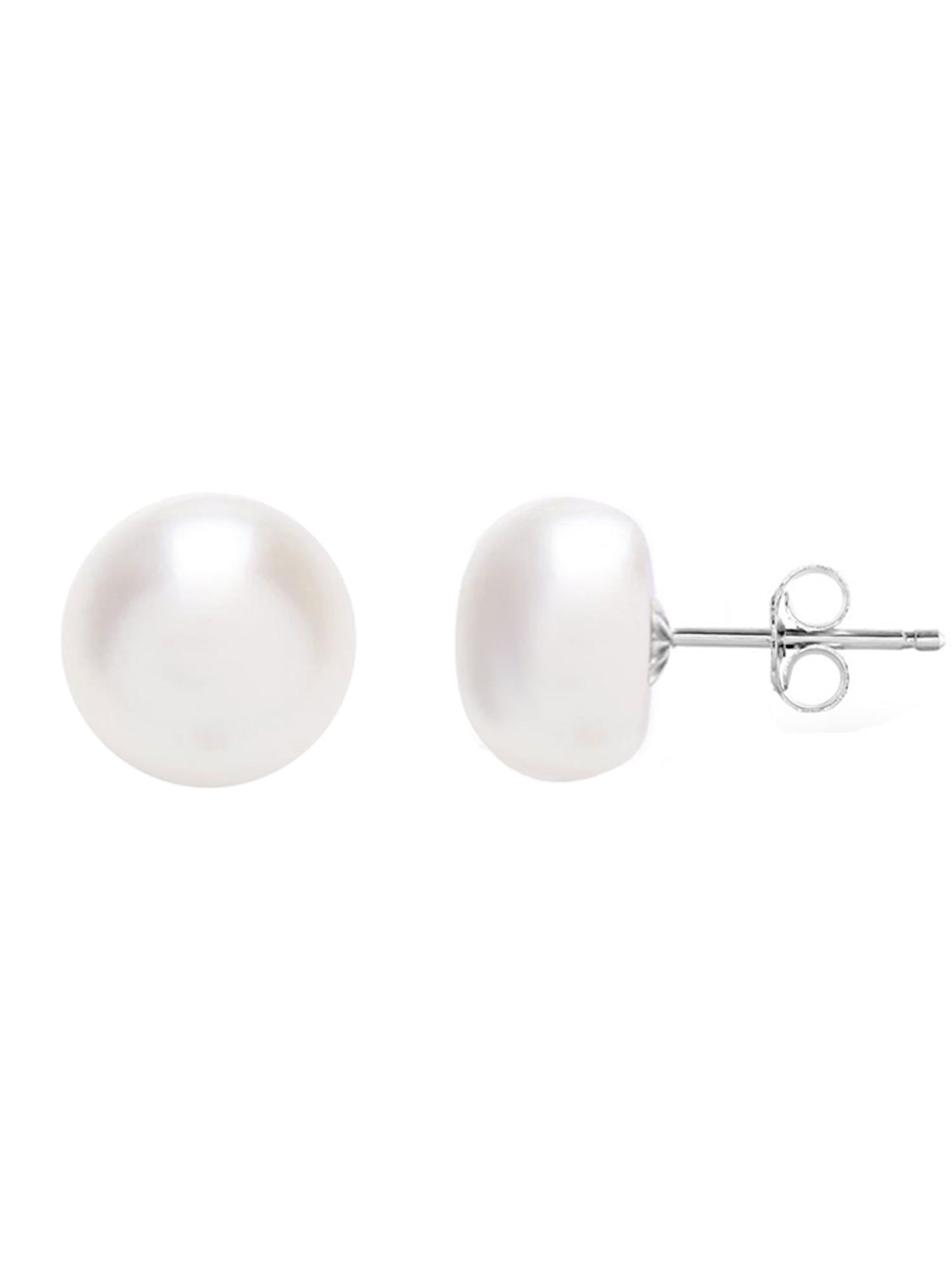 MABELLA 925 Sterling Silver AAA Genuine Freshwater Cultured Pearl White Button Stud Earrings for Women 10MM