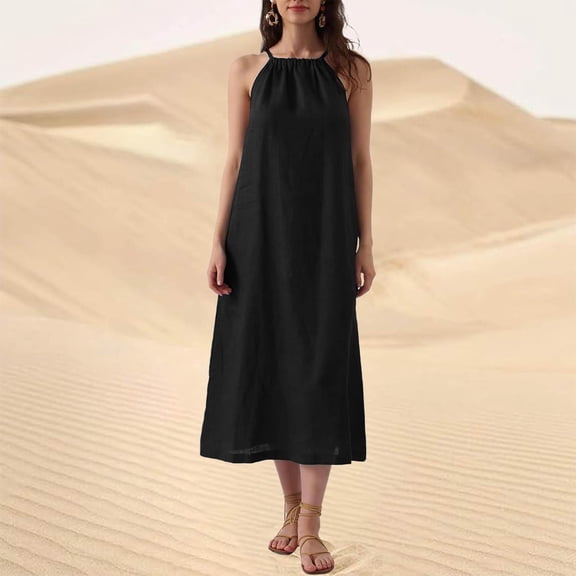Summer Plus Size Beach Dresses For Women Solid Color Sling Loose Linen Coverup Summer Dresses — Black∣L