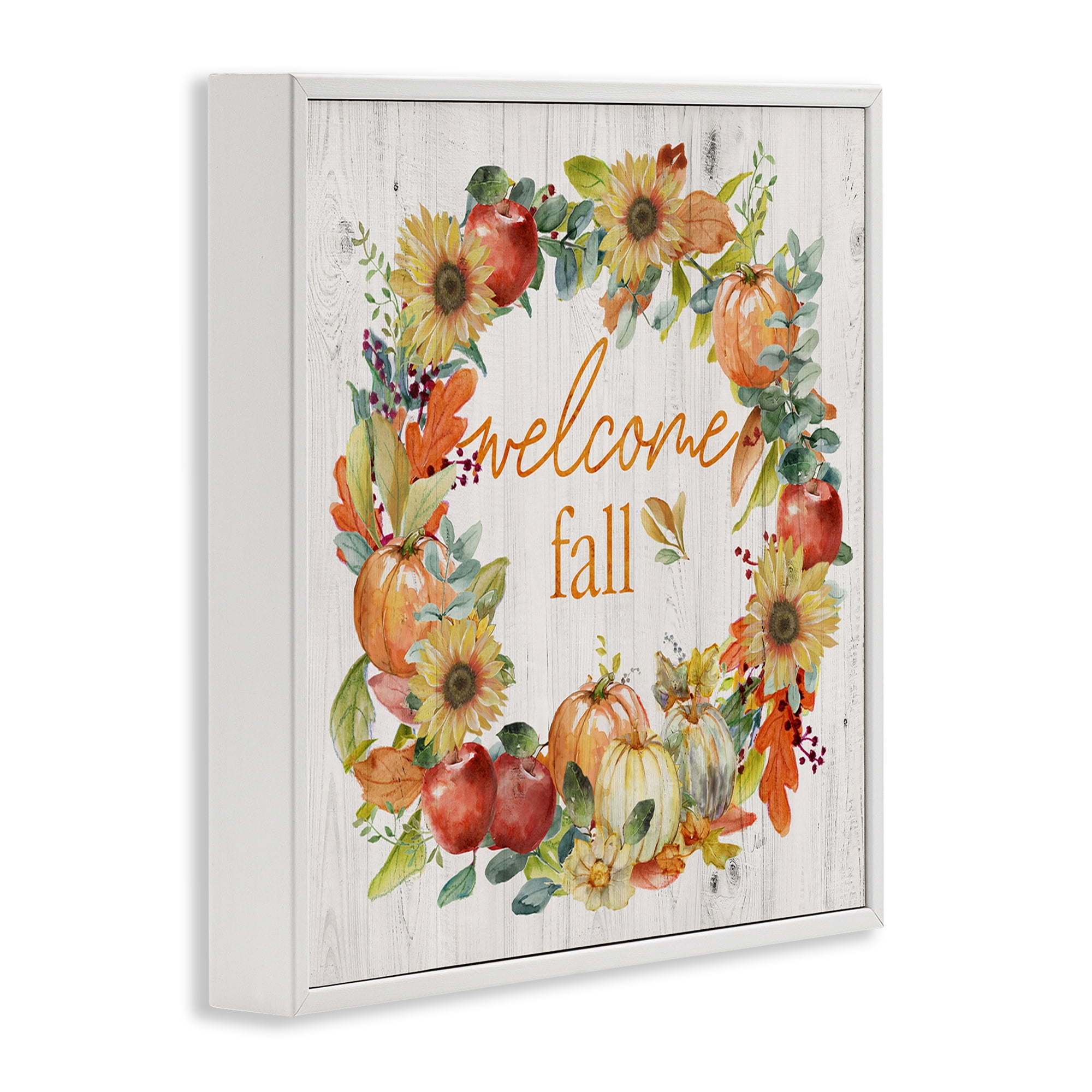 Stupell Industries Welcome Fall Pumpkin Wreath Botanical & Floral Painting White Framed Art Prints Wall Art, 24 x 24