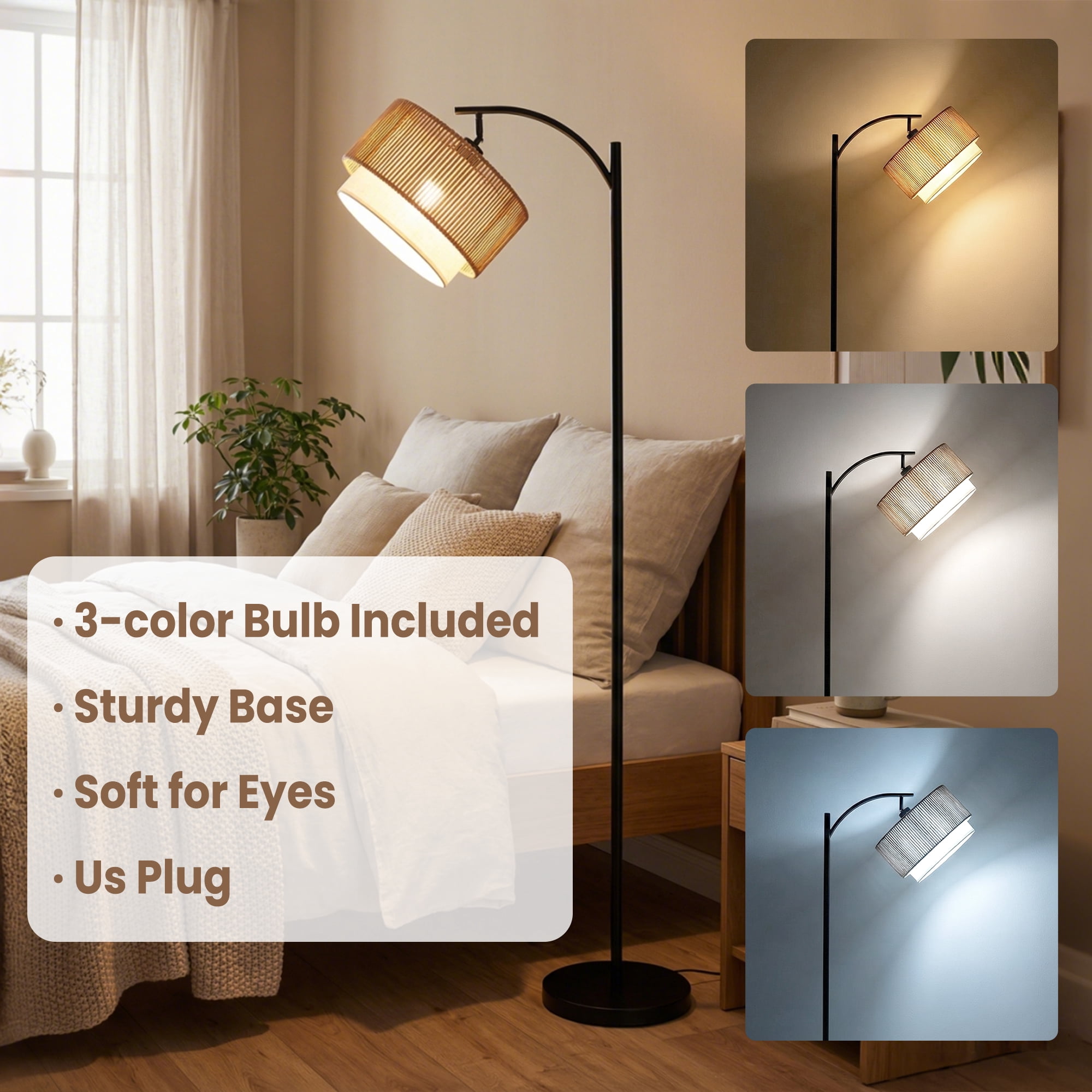 DAYBETTER Floor Lamp for Living Room, Arc Floor Lamps with 3 Color Temperatures, Farmhouse Unique Hanging Douoble Drum Lampshade, for Bedroom, Living Room