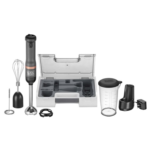 BLACK+DECKER Kitchen Wand Cordless Immersion Blender, 3 in 1 Multi Tool Set, Hand Blender with Charging Dock, Whisk and Milk Frother, Grey (BCKM1013KS01)