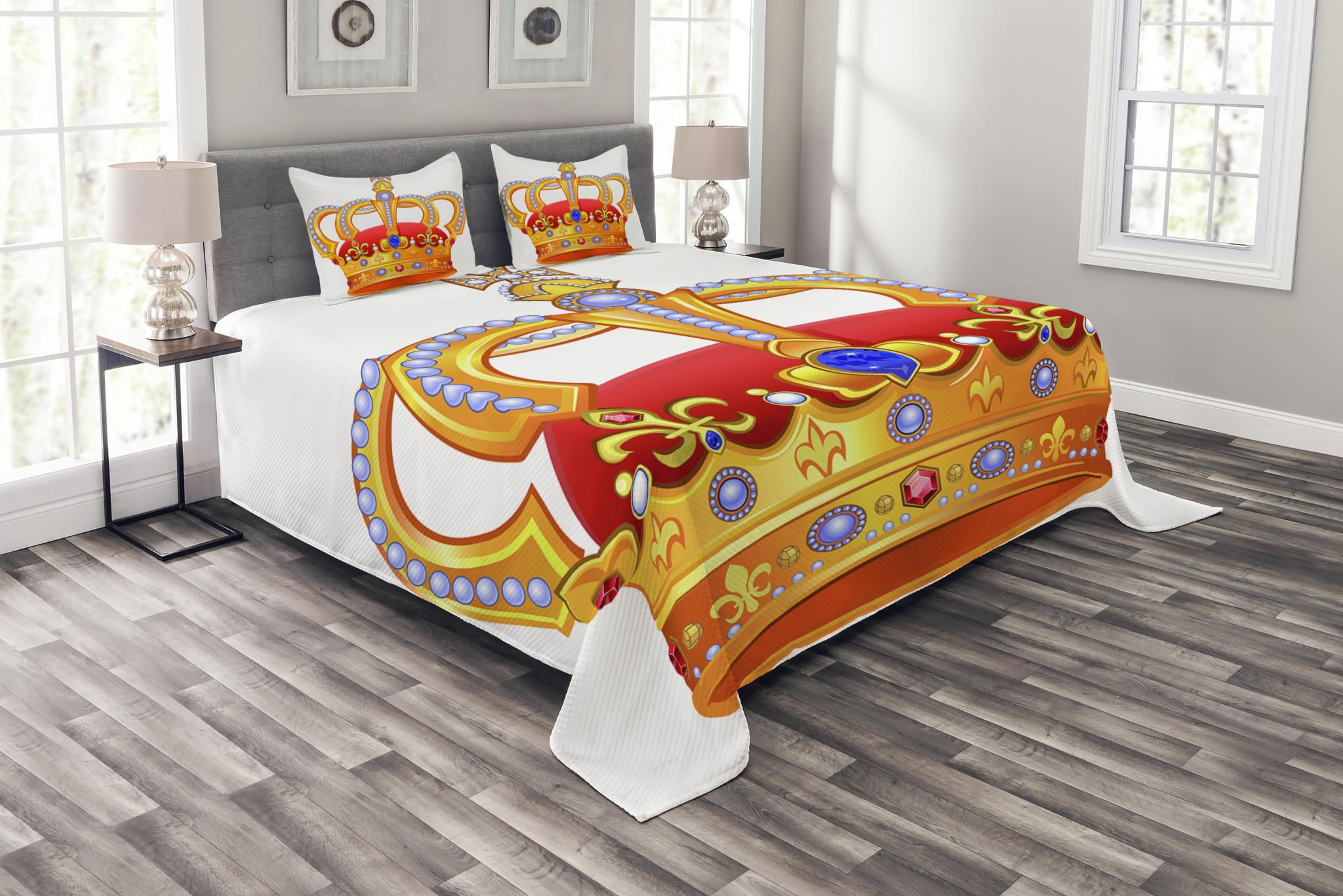 King Bedspread Set Queen Size, Royal Crown with Gem Like Image Symbol