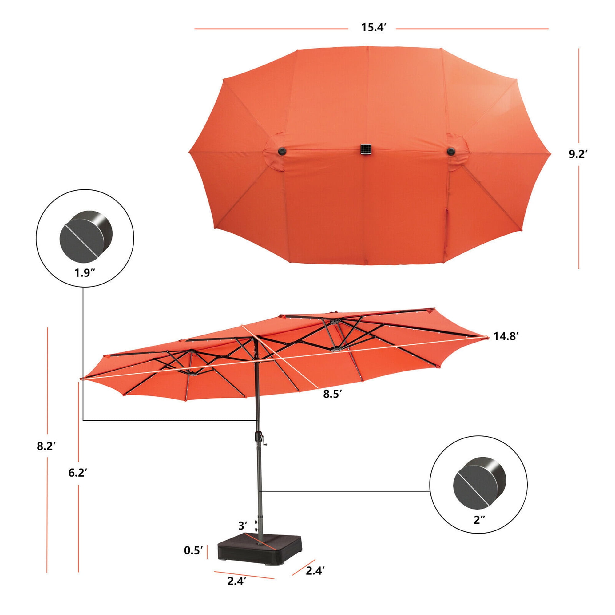 Gymax Outdoor 15' Double-Sided Patio Umbrella 48 Solar LED Lights Crank & Base Orange
