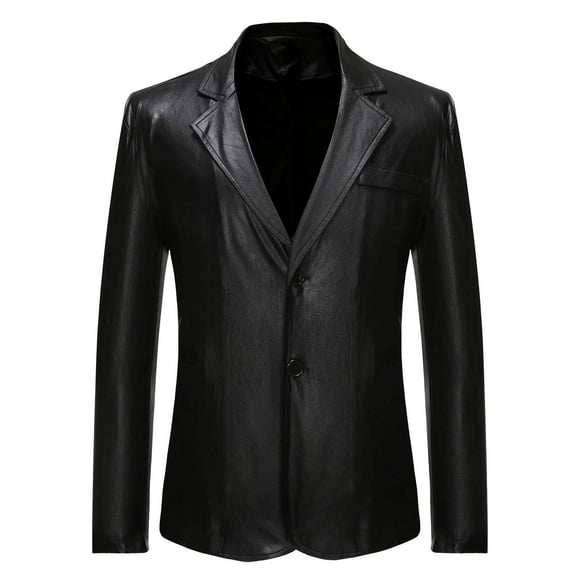 NoxwB Men's Vintage Disco Shiny Hot Stamping PU Faux Leather Blazer Casual Party Dinner Prom Suit Jacket Notched-Lapel Single-Breasted Long Sleeve Tuxedo Coat Black L