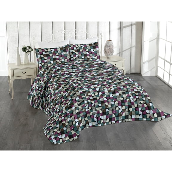 Ambesonne Geometric Quilted Coverlet 3 Pcs, Quadrant Square Pattern, King Size, Pale Petrol Blue Purple