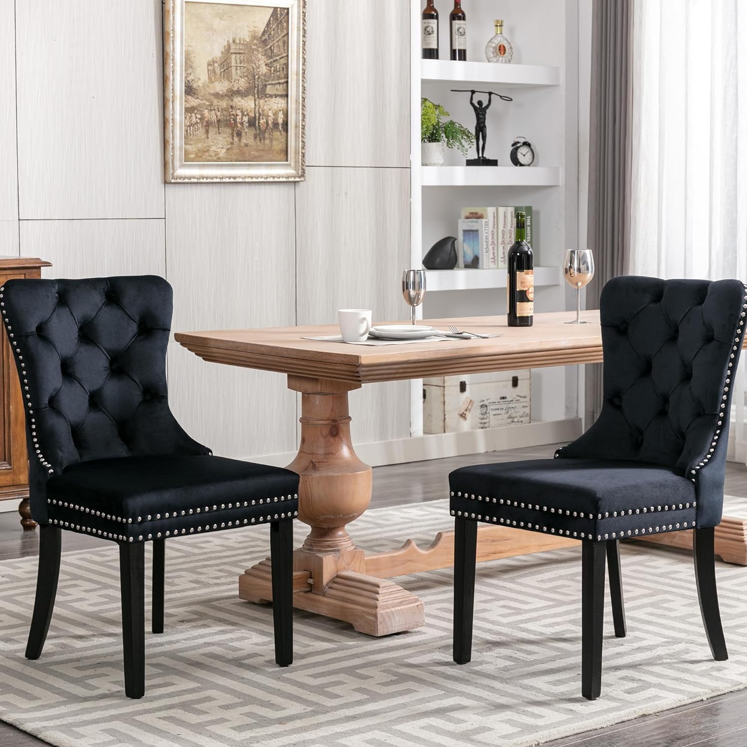 Velvet Dining Chairs Set of 4, Upholstered High-end Tufted Dining Room Chair with Nailhead Back Ring Pull Trim Solid Wood Legs, Nikki Collection Modern Style for Kitchen, Black