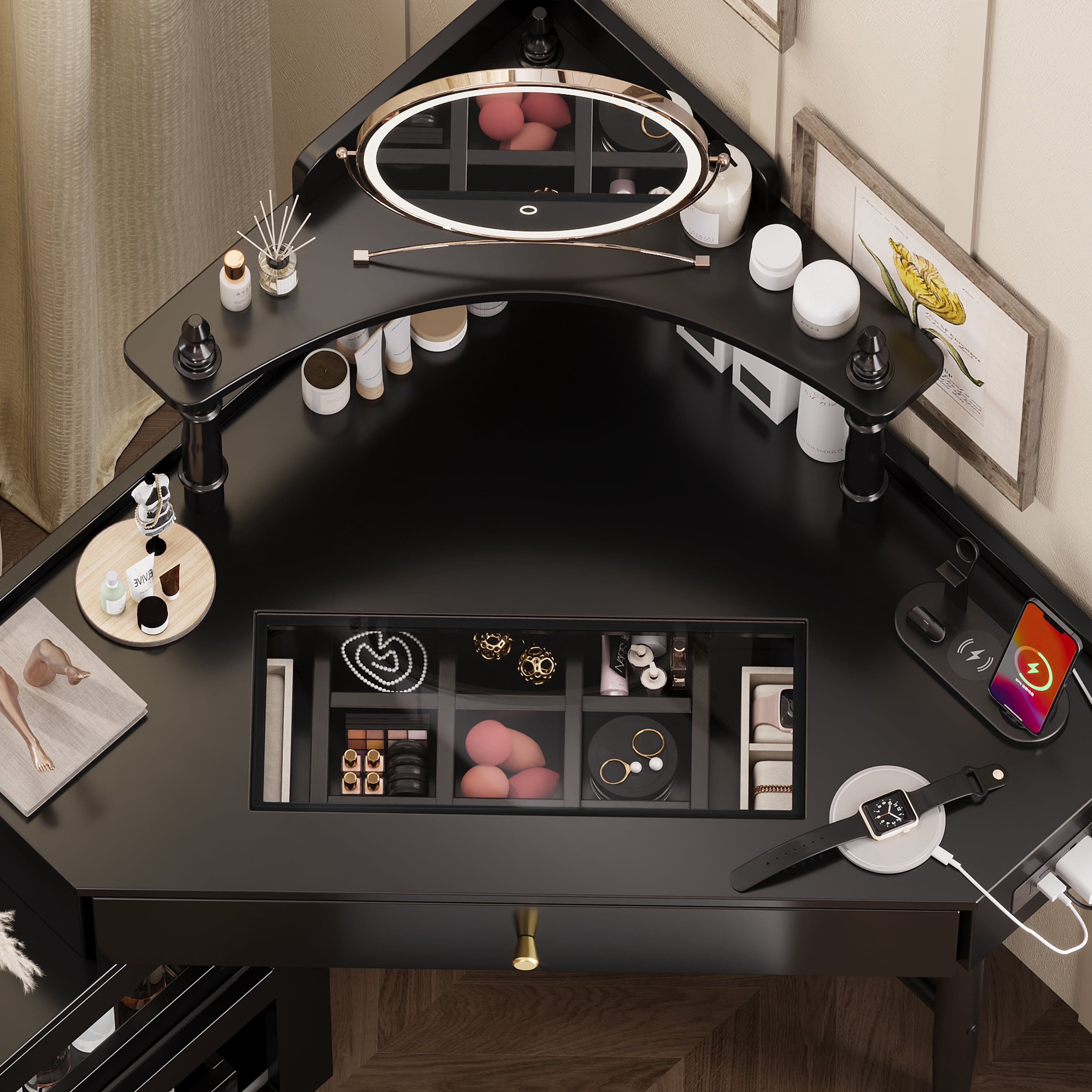 Euroco Corner Vanity Desk Set with Storage Cushioned Stool and Charging Station, Triangle Makeup Desk with Removable Pull-Out Side Cabinet, Glass Tabletop Makeup Vanity Desk,Black