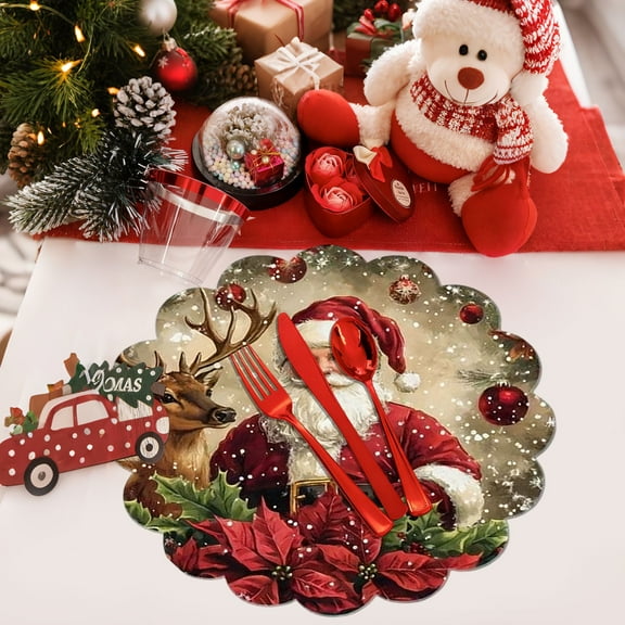 1 PC Christmas Placemat, 11.81" Round Absorbent Washable Table Mat for Dinner Parties Festive Decor